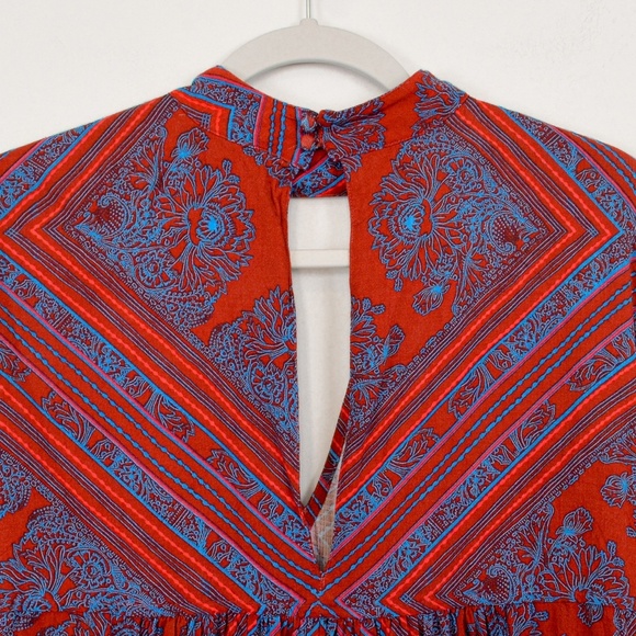Free People Walking On A Dream Keyhole Long Sleeve Tunic Top Red Blue - Picture 8 of 11